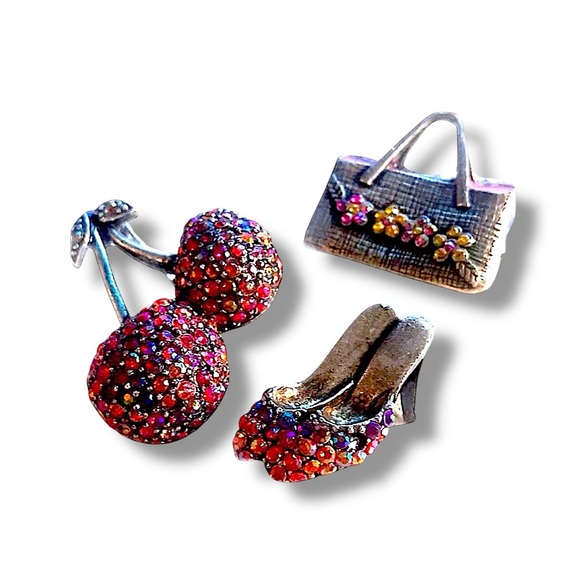 LOT of 3 VINTAGE Brooches in Pink & Blue Cherries/Handbag/and Heels/Rhinestones - Picture 1 of 12